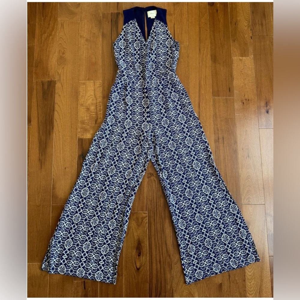 ANTHROPOLOGIE Jumpsuit 6 Elevenses Audra Blue Ikat Tribal Print Pants Playsuit